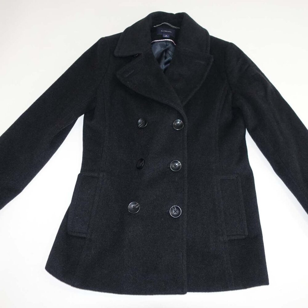 Lands' End Womens Pea Coat Size 8 Charcoal Gray Wool Blend Double Breasted Lined
